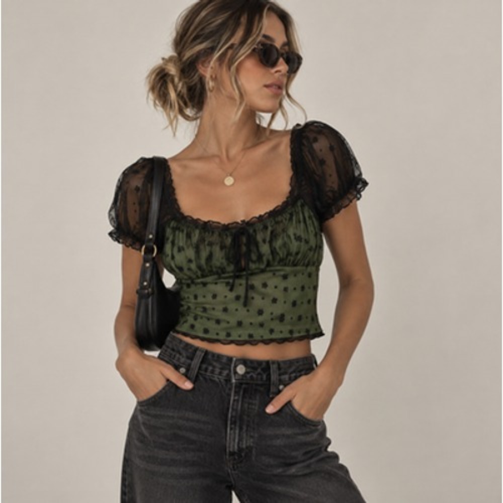 Cider Mesh Crop Top Womens Medium Y2K Floral Puff Sleeve Fairy Y2K Whimsigoth